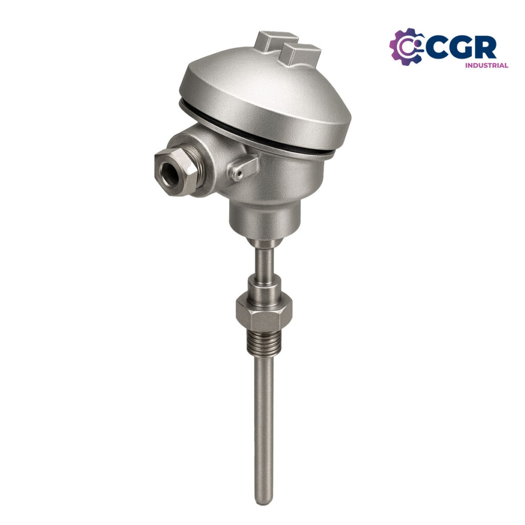 Termocupla tipo J con cabezal de aluminio inyectado con bulbo pequeño y rosca fija de acero inoxidable