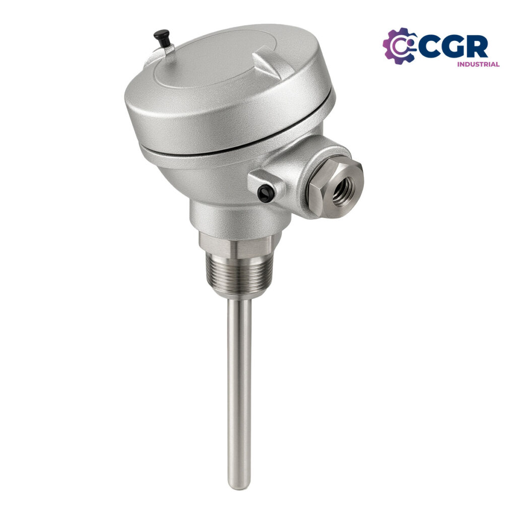 Termocupla tipo J con cabezal de aluminio inyectado con bulbo pequeño y rosca fija de acero inoxidable