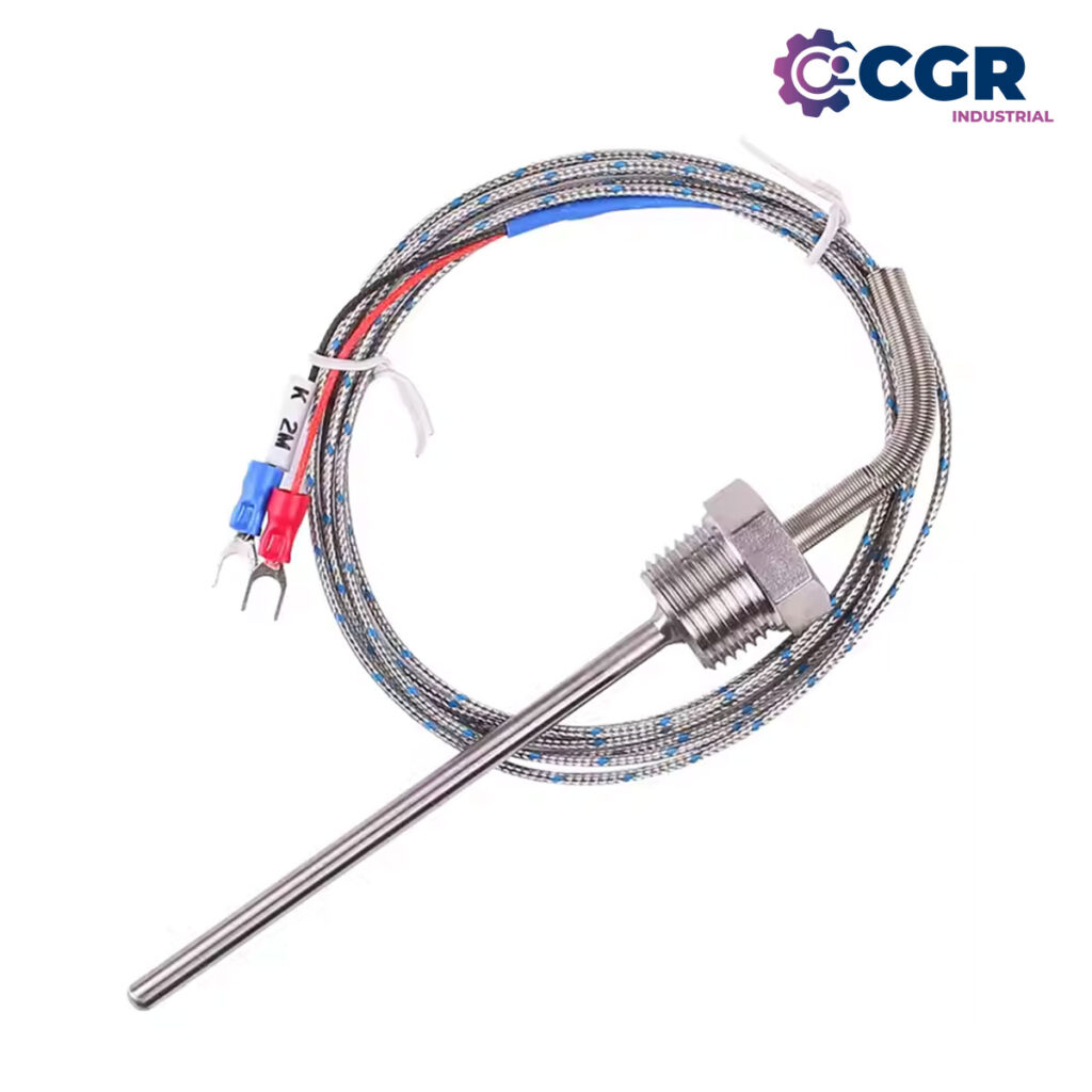 Termocupla tipo K bulbo recto, conexión roscada y cable en forro de fibra de vidrio